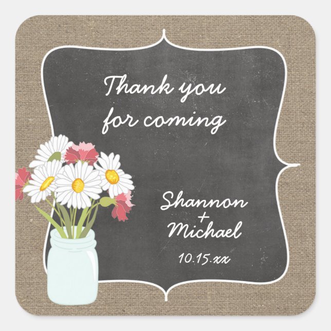 Quadrado Adesivo de favor Rustic Mason Jar Daisy Chalkboard (Frente)