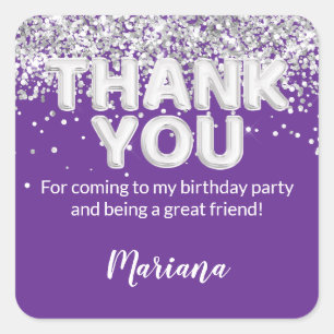 Quadrado Adesivo de festa roxo e prata para lembranças