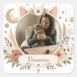 Quadrado Adesivo de Foto Personalizado de Gata Mãe | Nome P