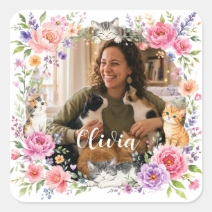 Quadrado Adesivo de Foto Personalizado de Gato e Flores par