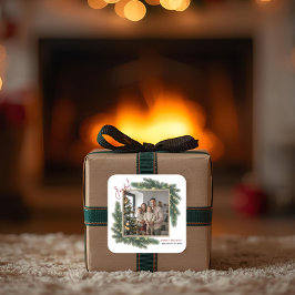 Quadrado Adesivo de Foto Personalizado de Natal Alegre da F