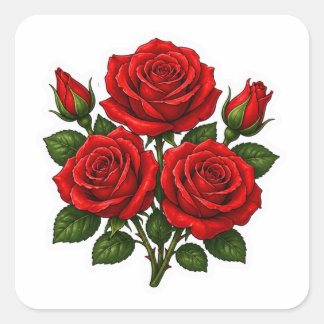Quadrado Adesivo de Fundo Floral Romântico de Rosas Vermelh
