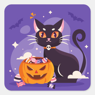 Quadrado Adesivo de Gato de Halloween