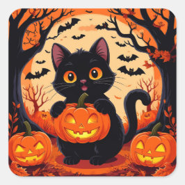 Quadrado Adesivo de Gato de Halloween Abóbora para Decoraçã
