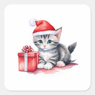Quadrado Adesivo de gato feriado - Gatinho bonito com prese