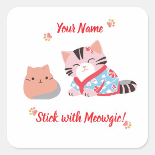 Quadrado Adesivo de Gato Fofo Kawaii Personalizado Fique