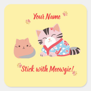 Quadrado Adesivo de Gato Fofo Kawaii Personalizado   Fique 