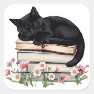 Quadrado Adesivo de Gato Preto Aconchegante Dormindo em Liv