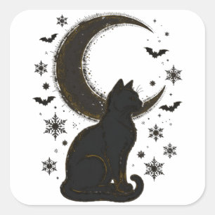 Quadrado Adesivo de Gato Preto Lua — Gato na Lua Crescente