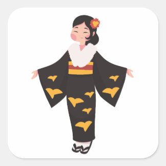 Quadrado Adesivo de Geisha Japonesa Fofa em Kimono Preto