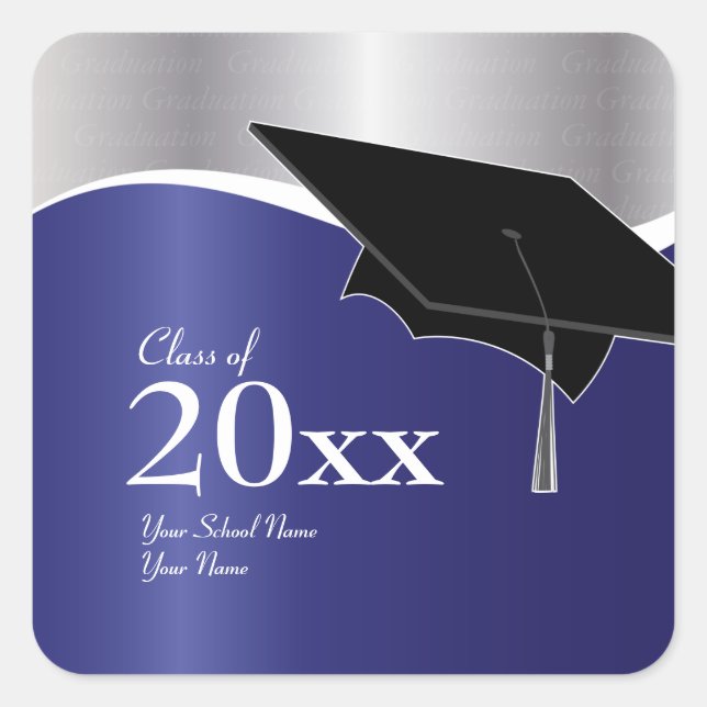 Quadrado Adesivo de graduação de azul e prata personalizáve (Frente)