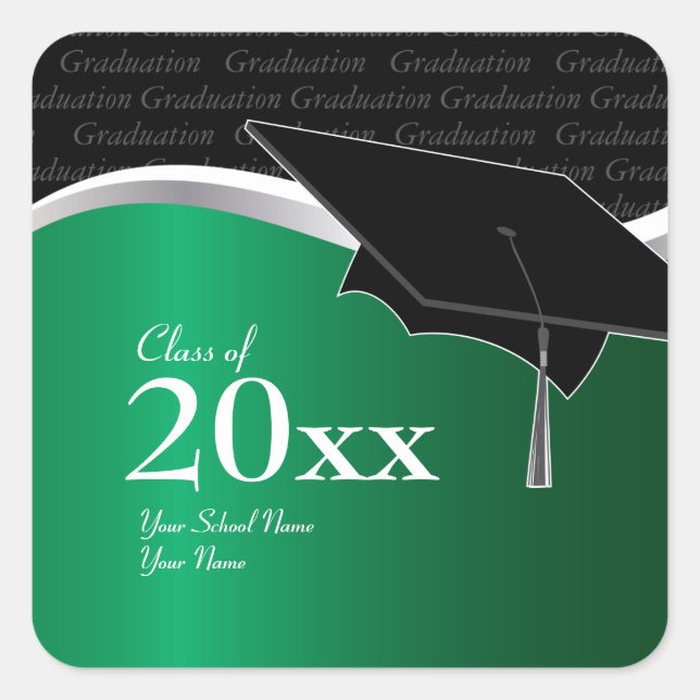 Quadrado Adesivo de graduação verde e preto personalizável (Frente)