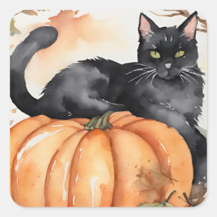 Quadrado Adesivo de Halloween de Abóbora e Gato Preto de Ou