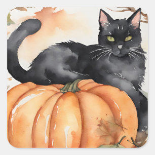 Quadrado Adesivo de Halloween de Abóbora e Gato Preto de Ou