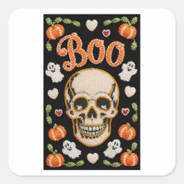 Quadrado Adesivo de Halloween de Caveira Boo Bordado Fofinh