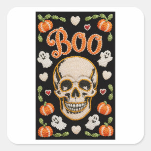 Quadrado Adesivo de Halloween de Caveira Boo Bordado Fofinh