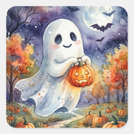 Quadrado Adesivo de Halloween - Fantasma Adorável Aquarela
