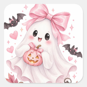 Quadrado Adesivo de Halloween Fantasma com Laço Rosa Fofo
