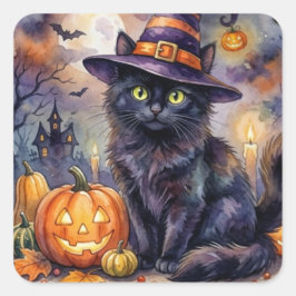 Quadrado Adesivo de Halloween - Gato Preto de Chapéu de Bru