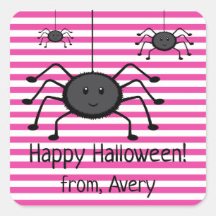 Quadrado Adesivo de Halloween Listras Rosa Aranhas Assustad