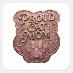 Quadrado Adesivo de Impressão PROUD CAT MOM em Ouro Único