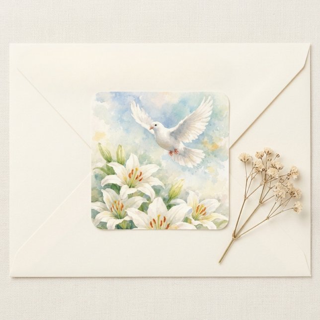 Quadrado Adesivo de Lírio Branco de Pombo Cristão (Criador carregado)