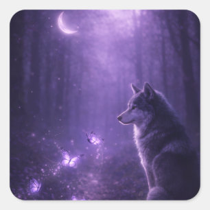 Quadrado Adesivo de Lobo Roxo Místico com Lua e Brilho