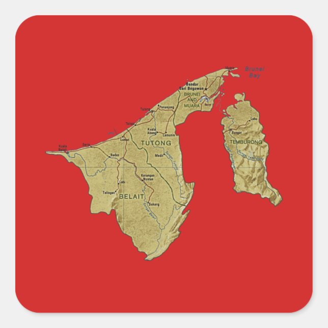 Quadrado Adesivo de Mapa de Brunei (Frente)