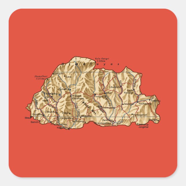 Quadrado Adesivo de Mapa do Butão (Frente)