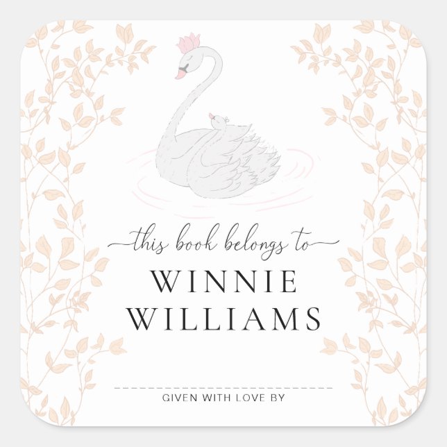 Quadrado Adesivo de marcador de livro da Princesa Cisne (Frente)