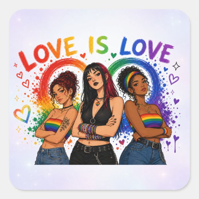 Quadrado Adesivo de Meninas Arco-íris LGBTQ (Frente)