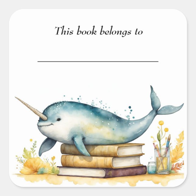 Quadrado Adesivo de Narwhale e Livros Editáveis (Frente)