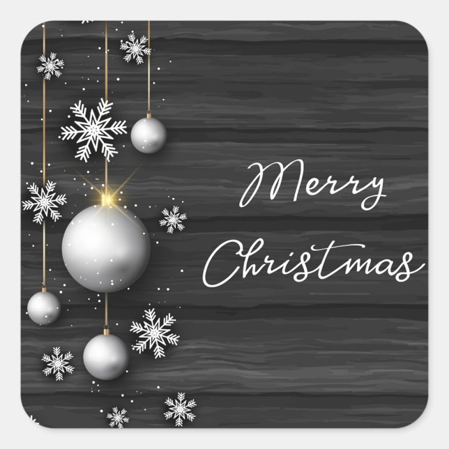 Quadrado Adesivo de Natal Alegre (A square Christmas sticker features a dark gray wood-grain background with horizontal lines.)