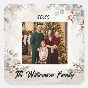 Quadrado Adesivo de Natal com Foto da Família em Verde Bran