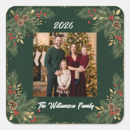 Quadrado Adesivo de Natal com Foto da Família Greenery