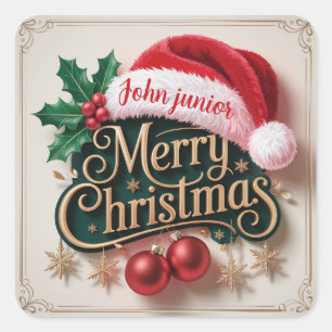 Quadrado Adesivo de Natal Feliz com Nome Personalizado