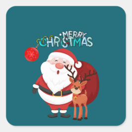 Quadrado Adesivo de Natal Feliz com Papai Noel e Rena Perso