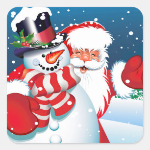 Quadrado Adesivo de Natal-Papai Noel e Boneco de Neve
