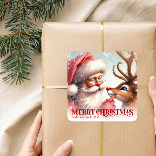 Quadrado Adesivo de Natal Personalizado Papai Noel Rudolph