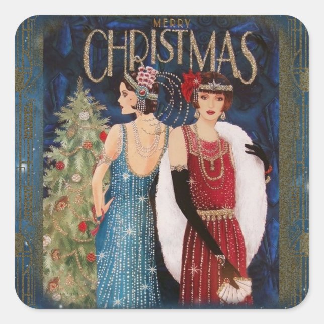 Quadrado Adesivo de Natal Vintage Flappers (Frente)