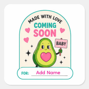 Quadrado 🥑 Adesivo de Nome Chá de Bebê Em Breve 🥑