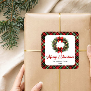 Quadrado Adesivo de Nome de Grinalda de Natal em Aquarela C