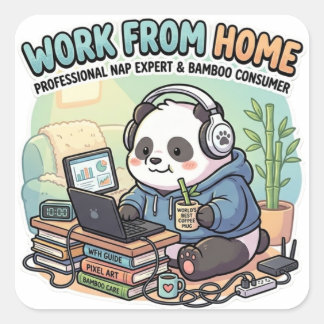 Quadrado Adesivo de Panda Fofo Trabalhando de Casa 