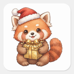 Quadrado Adesivo de Presente de Natal com Panda Vermelho Fo