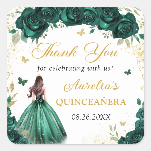 Quadrado Adesivo de Princesa Quinceañera Floral Verde Esmer (Frente)