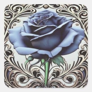 Quadrado Adesivo de Rosa Azul Art Nouveau – Desenho Floral