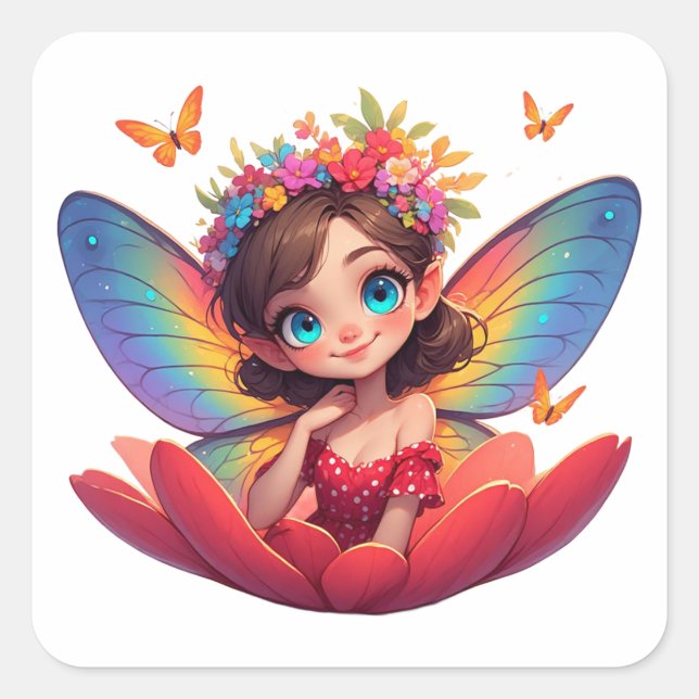 Quadrado ✨ Adesivo de Rosa de Princesa Fada Para Meninas e  (Frente)