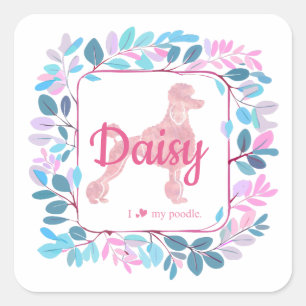 Quadrado Adesivo de Silhueta de Poodle Rosa Pastel Personal