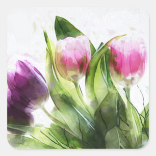 Quadrado Adesivo de Tulipas Rosa e Roxo em Aquarela
