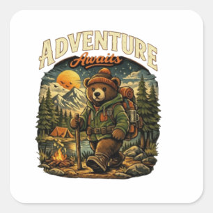 Quadrado Adesivo de Urso Hiking Vintage Aventura Espera